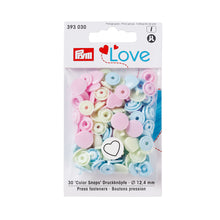 Load image into Gallery viewer, Prym Love color press fasteners, heart Pale pink, white, ligjht blue
