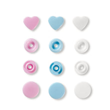 Load image into Gallery viewer, Prym Love color press fasteners, heart Pale pink, white, ligjht blue
